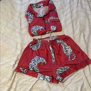 Red Tiger Pattern Pajama Set Shorts & Short Sleeve